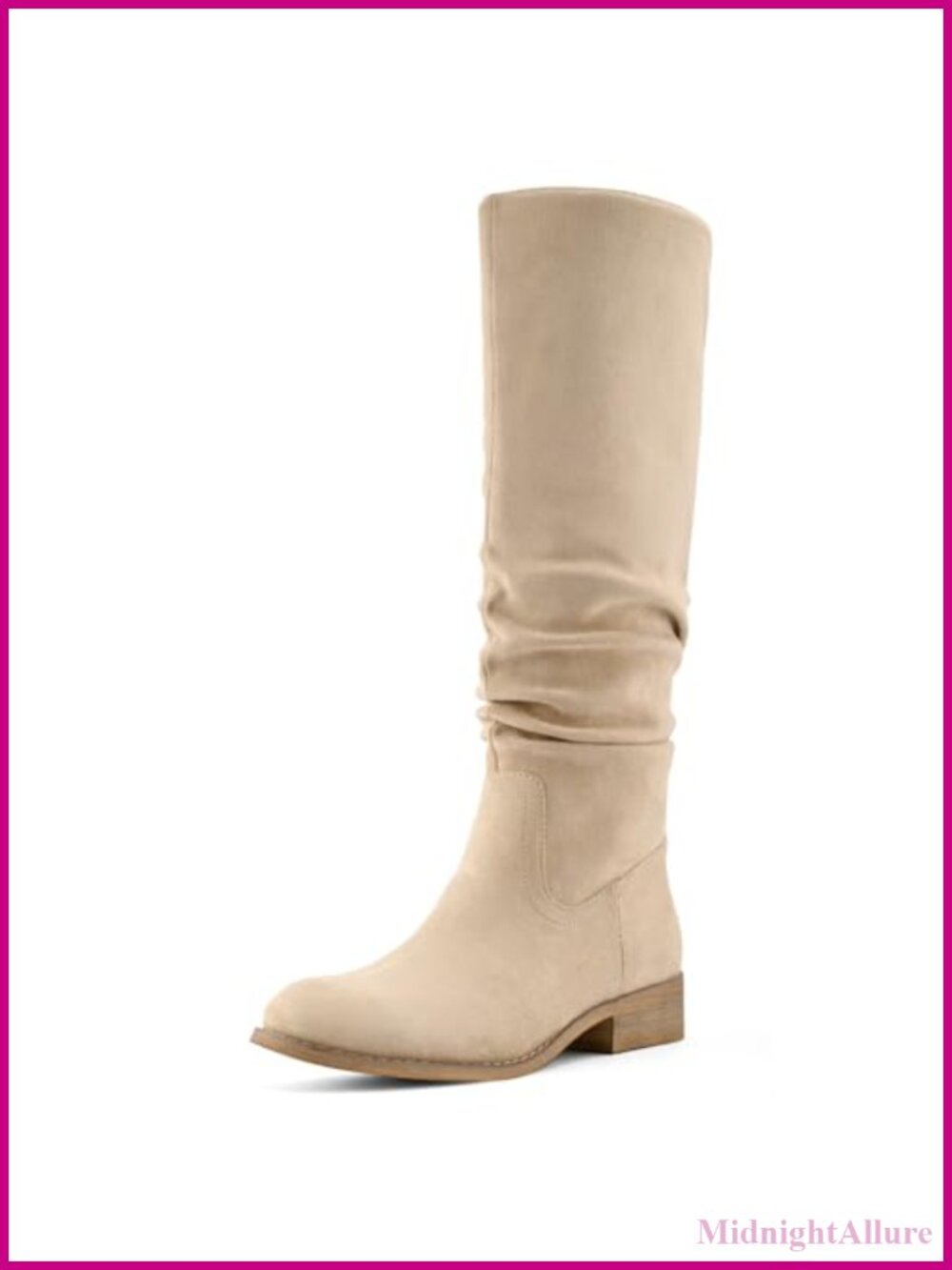 Faux Suede Knee High Boots Slouch Flat Low Heel Pointed Toe Side Zip